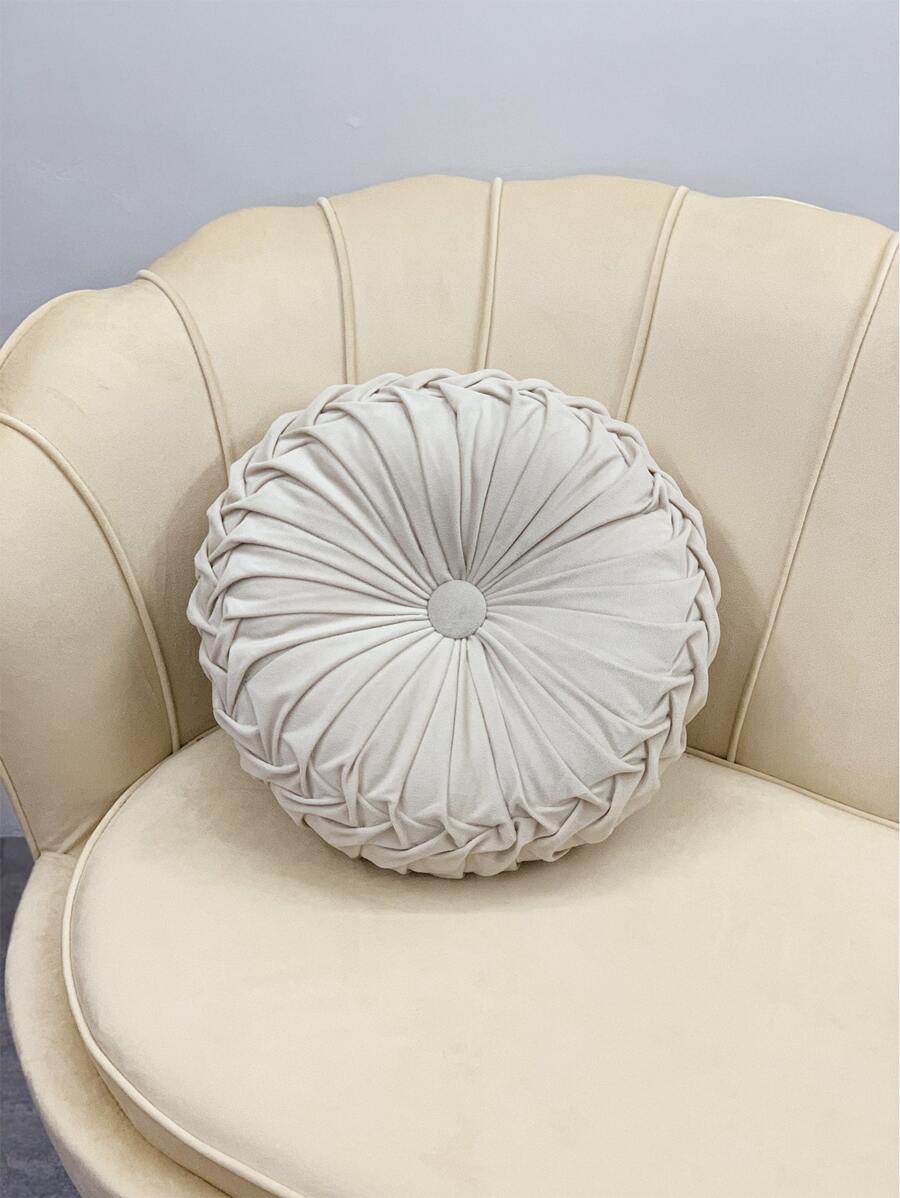 Round Pleated Throw Pillow - Beige - View 1