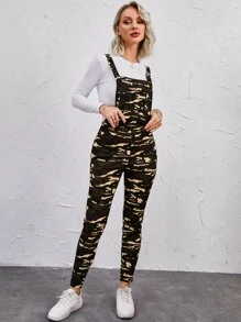 SHEIN LUNE Camo Print Pocket Front Overall Jumpsuit Without Tee - Multicolor - View 1