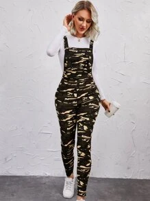 SHEIN LUNE Camo Print Pocket Front Overall Jumpsuit Without Tee - Multicolor - View 3