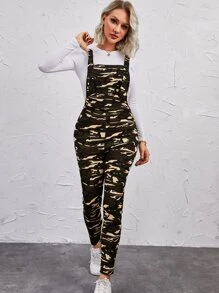 SHEIN LUNE Camo Print Pocket Front Overall Jumpsuit Without Tee - Multicolor - View 4