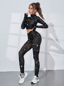 SHEIN Sports 图案印花露背扭纹运动 T 恤 & T 恤 & 撞色网眼紧身裤健身女装套装 - 黑色 - 查看 3