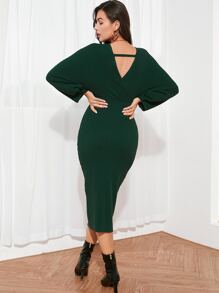 Modelyn Solid Surplice Neck Cut Out Sweater Dress - Dark Green - View 2