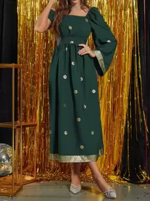 Al Najma 燙金花朵印花不對稱領喇叭袖連衣裙 - 墨綠色 - 查看 1