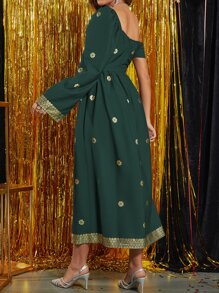 Al Najma 燙金花朵印花不對稱領喇叭袖連衣裙 - 墨綠色 - 查看 2