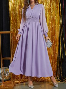Modelyn Shirred Lantern Sleeve Chiffon Prom Dress - Purple - View 1