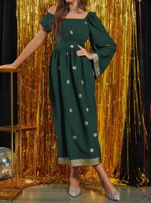 Al Najma 燙金花朵印花不對稱領喇叭袖連衣裙 - 墨綠色 - 查看 4