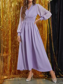Modelyn Shirred Lantern Sleeve Chiffon Prom Dress - Purple - View 4