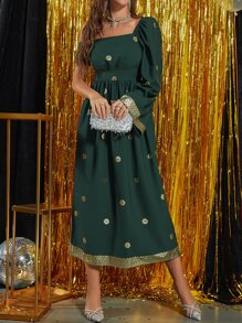 Al Najma 燙金花朵印花不對稱領喇叭袖連衣裙 - 墨綠色 - 查看 5