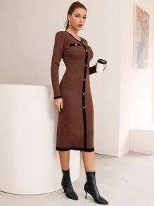 拼接邊假鈕扣毛衣洋裝 - 咖啡棕 - 查看 3