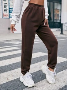 EURMUSE Solid Elastic Waist Joggers - Chocolate Brown - View 4