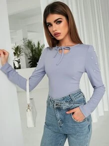 繫帶領珍珠泡泡袖T恤 - 淺灰紫 - 查看 1