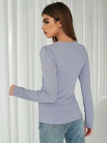 繫帶領珍珠泡泡袖T恤 - 淺灰紫 - 查看 2