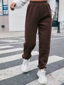 EURMUSE Solid Elastic Waist Joggers - Chocolate Brown - View 6