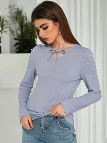 繫帶領珍珠泡泡袖T恤 - 淺灰紫 - 查看 4