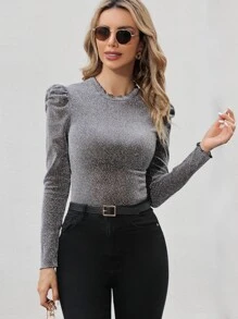 SHEIN Unity Camiseta ribete en forma de lechuga de manga farol brillante - Plateado - Ver 1