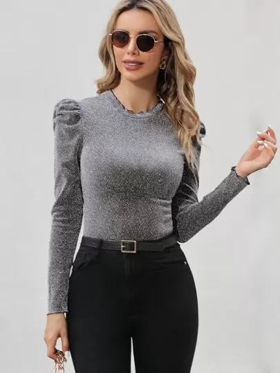 Camiseta ribete en forma de lechuga de manga farol brillante - Тоp-100 de las cosas más populares en SHEIN MX