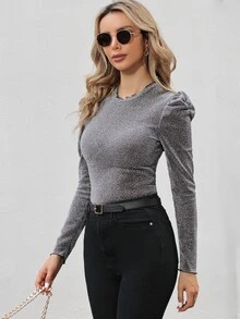 SHEIN Unity Camiseta ribete en forma de lechuga de manga farol brillante - Plateado - Ver 3