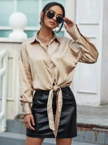 SHEIN X Belinda 落肩袖前打結緞面襯衫 - 香檳色 - 查看 1