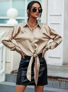 SHEIN X Belinda 落肩袖前打結緞面襯衫 - 香檳色 - 查看 6