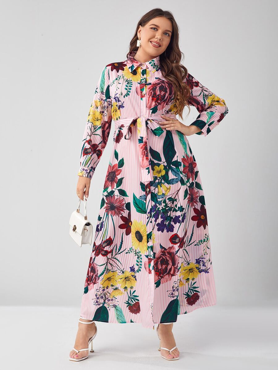 Mulvari Plus Striped & Floral Print Belted Shirt Dress - Multicolor - View 1