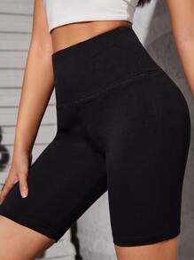 SHEIN PETITE Solid High Waist Cycling Shorts - Black - View 1