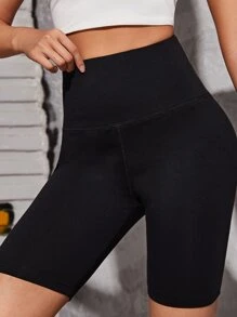 SHEIN PETITE Solid High Waist Cycling Shorts - Black - View 4