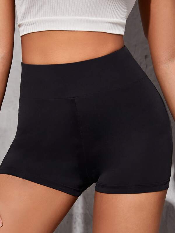 SHEIN PETITE Pantaloni scurți negri, uni, cu talie largă