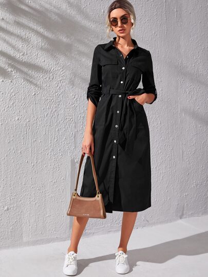 SHEIN LUNE Flap Pocket Roll Tab Sleeve Belted Shirt Dress