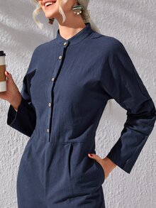 斜插口袋褶皺面料細節襯衫連體褲 - 藏蓝色 - 查看 5