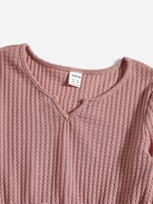 SHEIN 女孩缺口V領腰部打結華夫格編織連身短褲 - 藕粉色 - 查看 4