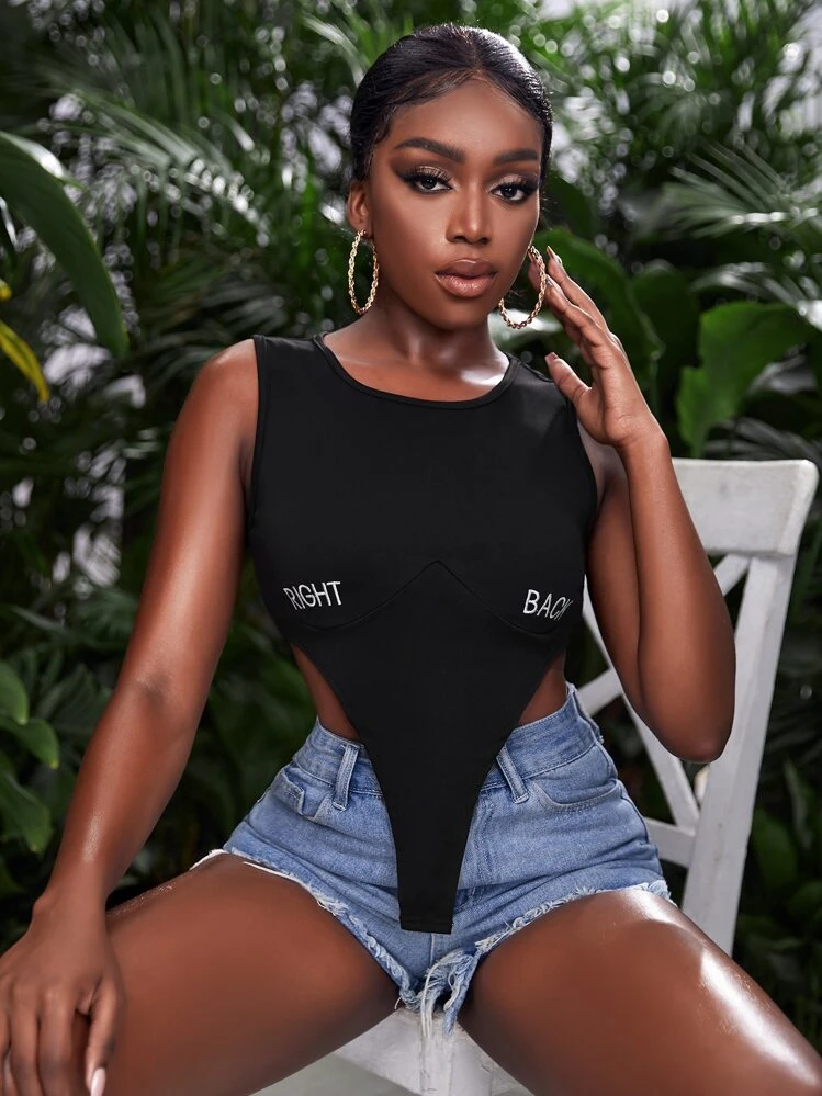 SHEIN Slayr Letter Embroidery Asymmetrical Hem Crop Tank Top - Black - View 1