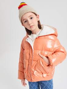 SHEIN Tween Girl Ear Detail Zip Up Padded Coat - Coral Orange - View 1