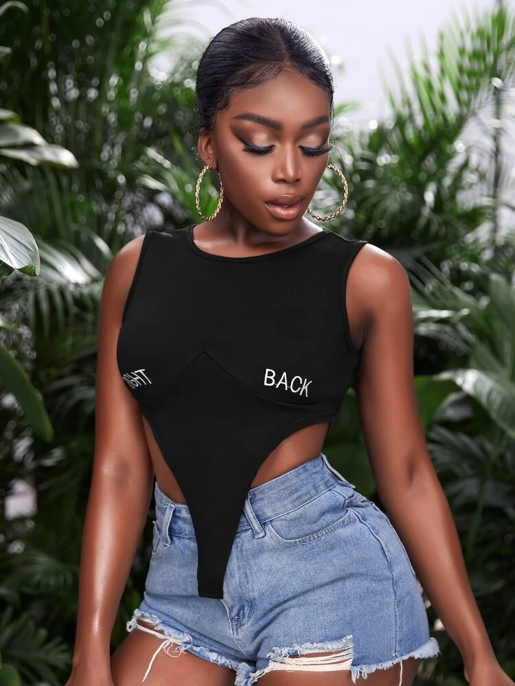 SHEIN Slayr Letter Embroidery Asymmetrical Hem Crop Tank Top - Black - View 4