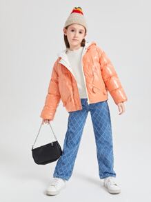 SHEIN Tween Girl Ear Detail Zip Up Padded Coat - Coral Orange - View 5