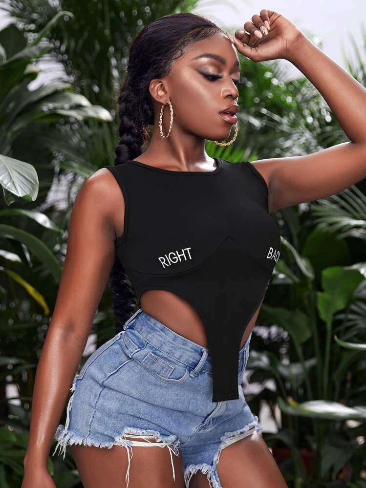 SHEIN Slayr Letter Embroidery Asymmetrical Hem Crop Tank Top - Black - View 5
