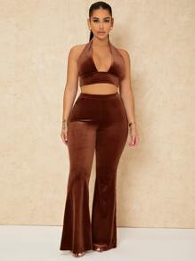 SHEIN SXY 露背短款絲絨掛脖上衣和喇叭褲 - 鏽棕色 - 查看 4
