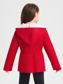 SHEIN Girls Button Detail Ruffle Hem Hooded Overcoat