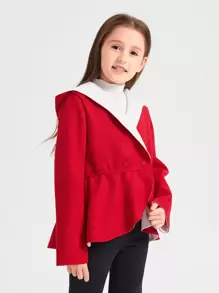 SHEIN Girls Button Detail Ruffle Hem Hooded Overcoat