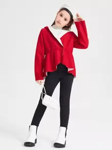SHEIN Girls Button Detail Ruffle Hem Hooded Overcoat