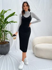 de rayas de cuello alto Camiseta & Vestido de tirantes - Blanco y Negro - Ver 1