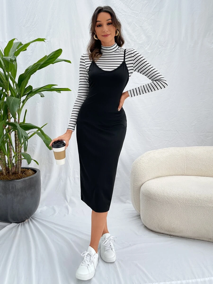 de rayas de cuello alto Camiseta & Vestido de tirantes - Blanco y Negro - Ver 1