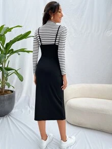 de rayas de cuello alto Camiseta & Vestido de tirantes - Blanco y Negro - Ver 2