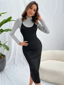 de rayas de cuello alto Camiseta & Vestido de tirantes - Blanco y Negro - Ver 3