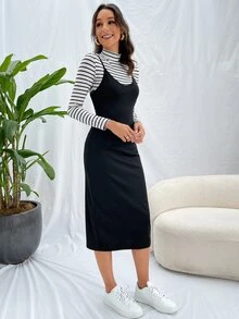 de rayas de cuello alto Camiseta & Vestido de tirantes - Blanco y Negro - Ver 4