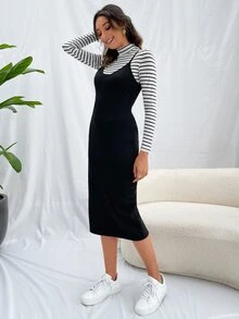 de rayas de cuello alto Camiseta & Vestido de tirantes - Blanco y Negro - Ver 5