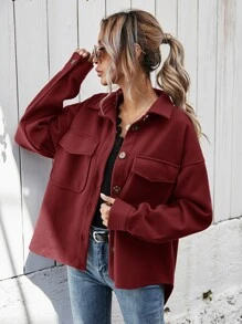 SHEIN Frenchy Túi có nắp Thả vai Áo khoác - Màu Đỏ Sâu - Xem 3