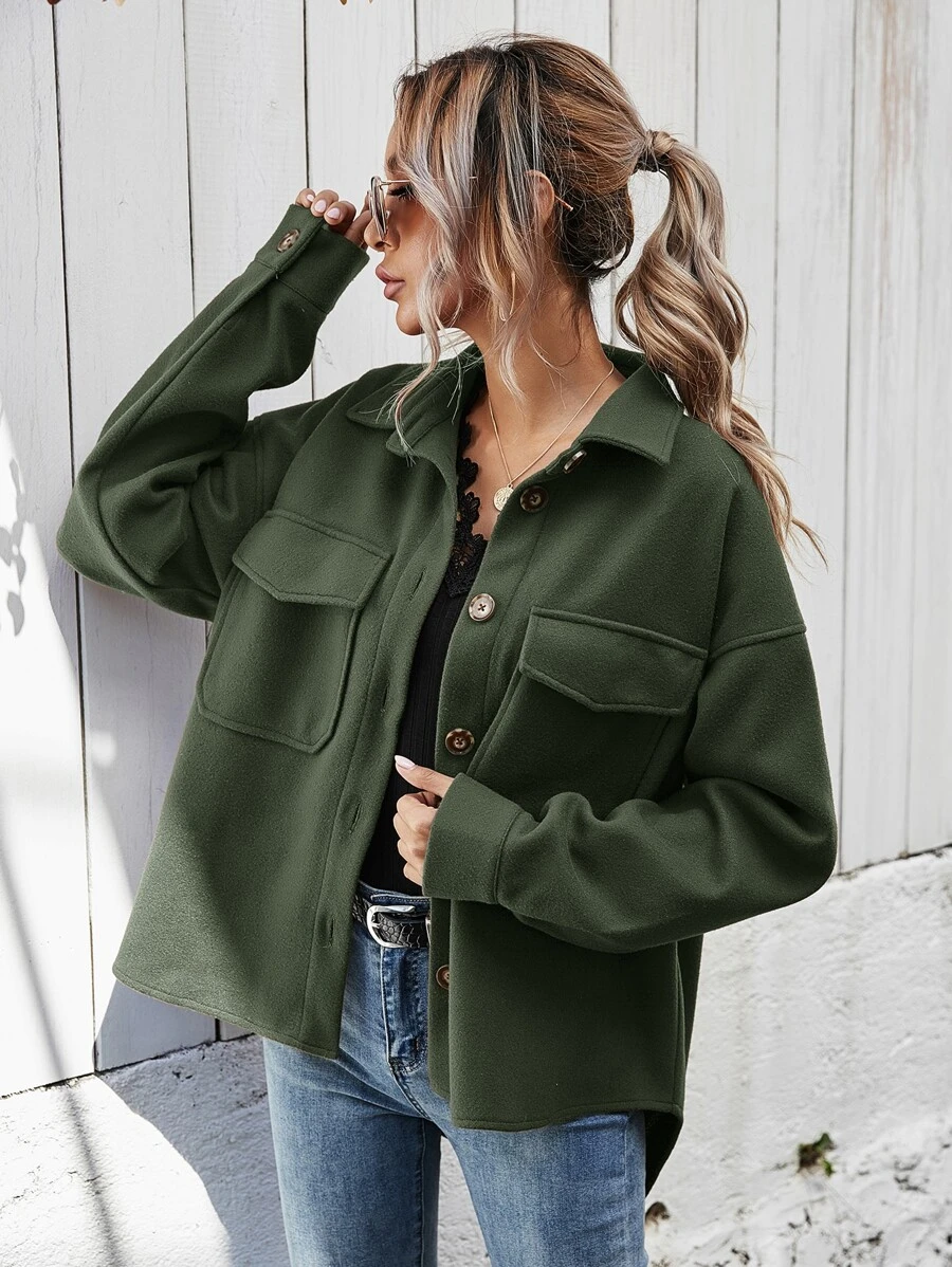 SHEIN Frenchy Abrigo con bolsillo con solapa bajo irregular - Verde militar - Ver 1