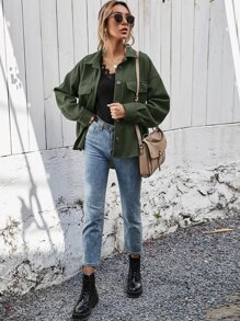 SHEIN Frenchy Abrigo con bolsillo con solapa bajo irregular - Verde militar - Ver 4