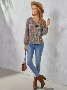 EMERY ROSE V Neck Floral Print Blouse - Multicolor - View 4