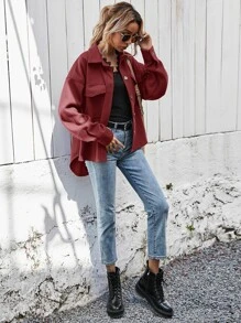 SHEIN Frenchy Túi có nắp Thả vai Áo khoác - Màu Đỏ Sâu - Xem 5